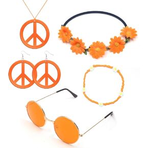 6 Pcs Hippie Costume Accessories Peace Sign Necklace Sunglasses Flower Headband Earrings for 60s 70s Hippie Accessories