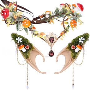 MOSTORY Renaissance Mushroom Accessory Set - Fairy Mushroom Crown and Forest Elf Ears with Non-Pierced Earrings Set for Renaissance Woodland Outfit Renfaire Accessory Women Halloween Fantasy Cosplay