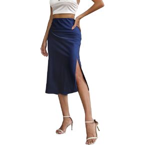 ALCEA ROSEA Womens Silky Satin Midi Skirt High Waist Elastic Waist A Line Skirt with Slit