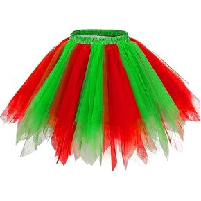 Nicute Christmas Tutu Skirt Layered Tulle Tutu Dance Skirt Red with Green Tutu Holiday Festival Puffy Skirt Costume for Women