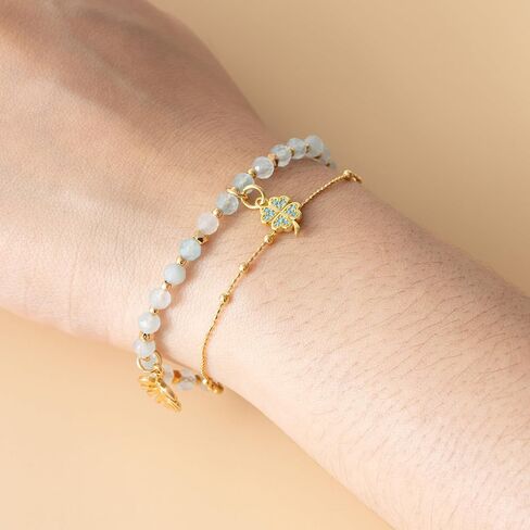 Double Strand Bead and Gold Tone Brass Stacked Birthday Bracelet, 6.75" +2" Extender- Choice of Month and Colors in Saudi Arabia