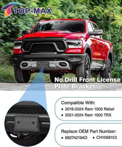 Front License Plate Bracket Holder Compatible w/ 2019-2024 Dodge Ram 1500 Bumper(Except Rebal, TRX, Classic), Black No Drill License Plate Mounting kit Replace 68274215AE CH1068151 in Kuwait