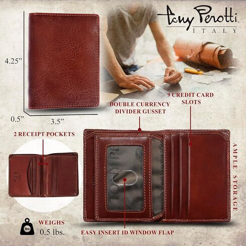 Tony Perotti Men's Italian Leather Bifold Wallet With ID Window Flap, Card Holders, Pockets - Eco-Friendly Vegetable-Tanned Full Grain Leather Wallet Made in Italy - Brown in Saudi Arabia