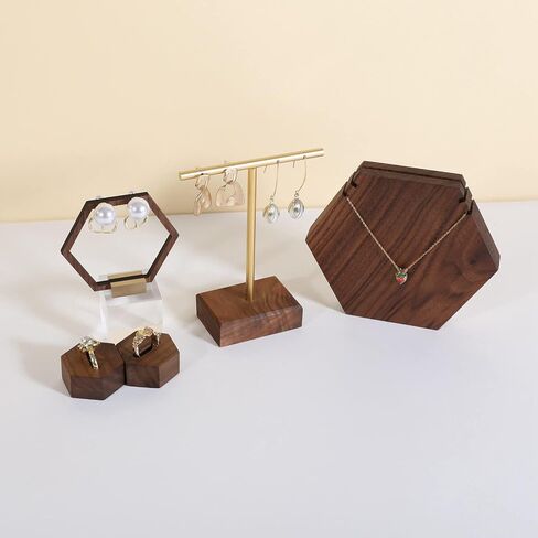 GemeShou earrings T display stands for selling, small earring holder jewelry stand with 4 holes on bar, wood earring hanger for boutique display【Walnut】 in Kuwait