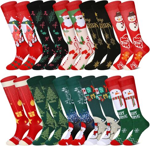 Suhine 10 Pairs Christmas Compression Socks Christmas Long Knee High Socks Christmas Long Socks Holiday Socks for Women Men in Kuwait