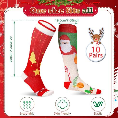 Suhine 10 Pairs Christmas Compression Socks Christmas Long Knee High Socks Christmas Long Socks Holiday Socks for Women Men in Kuwait