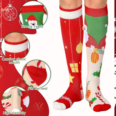 Suhine 10 Pairs Christmas Compression Socks Christmas Long Knee High Socks Christmas Long Socks Holiday Socks for Women Men in Kuwait