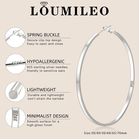 LOUMILEO Sterling Silver Hoop Earrings Large Silver Hoop Earrings for Women Lightweight Big Silver Hoop Earrings Hypoallergenic Thin Silver Hoop Earrings for Women 30/40/50/60/65/70MM in Kuwait