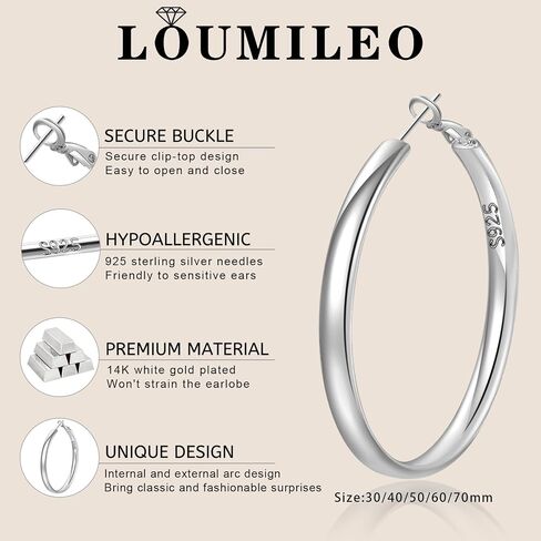 LOUMILEO S925 أقراط حلقية من الفضة الإسترلينية بعرض 5 مم أقراط فضية واسعة للنساء لا تسبب الحساسية أقراط حلقية فضية كبيرة خفيفة الوزن أقراط كبيرة للنساء (30/40/50/60/70 مم) in Kuwait