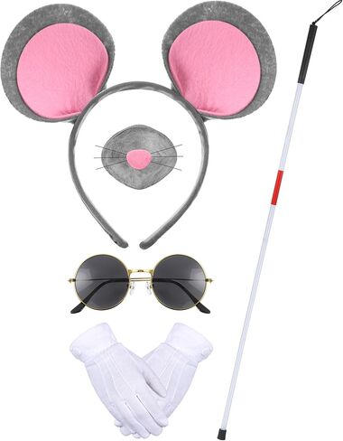 Yunlly 5 PCS Halloween Mouse Costume Accessories Set Folding Blind Cane Pink Mouse Headband Nose White Gloves Round Glasses in Kuwait