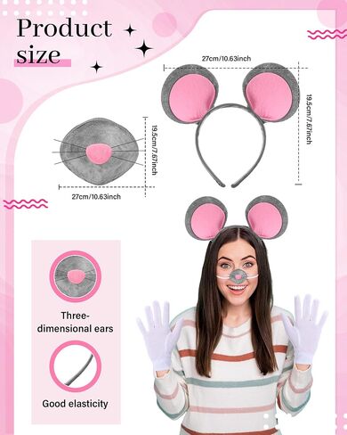 Yunlly 5 PCS Halloween Mouse Costume Accessories Set Folding Blind Cane Pink Mouse Headband Nose White Gloves Round Glasses in Kuwait