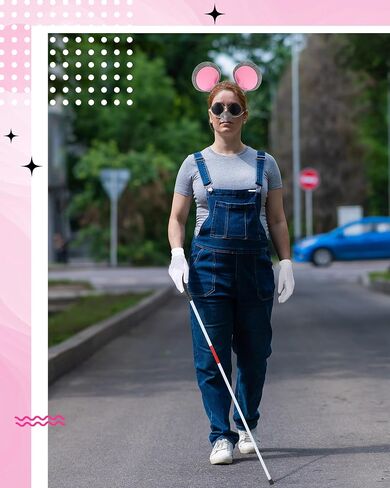 Yunlly 5 PCS Halloween Mouse Costume Accessories Set Folding Blind Cane Pink Mouse Headband Nose White Gloves Round Glasses in Kuwait