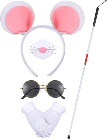 Yunlly 5 PCS Halloween Mouse Costume Accessories Set Folding Blind Cane Pink Mouse Headband Nose White Gloves Round Glasses in Kuwait