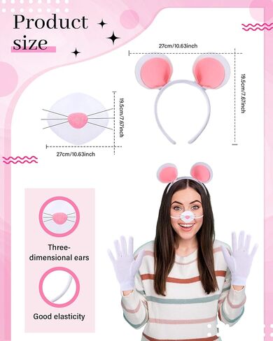 Yunlly 5 PCS Halloween Mouse Costume Accessories Set Folding Blind Cane Pink Mouse Headband Nose White Gloves Round Glasses in Kuwait
