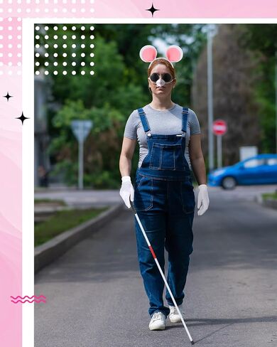 Yunlly 5 PCS Halloween Mouse Costume Accessories Set Folding Blind Cane Pink Mouse Headband Nose White Gloves Round Glasses in Kuwait