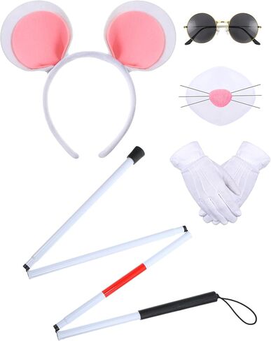 Yunlly 5 PCS Halloween Mouse Costume Accessories Set Folding Blind Cane Pink Mouse Headband Nose White Gloves Round Glasses in Kuwait