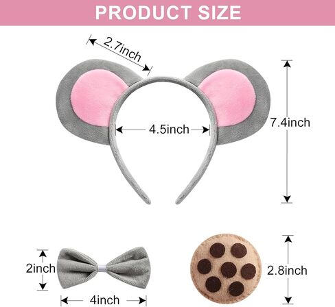 Mouse Costume Set and 2PC Cookie Brooches Mouse Ears Headband Bow Tie Tail Halloween Party Dress up Accessories in Kuwait