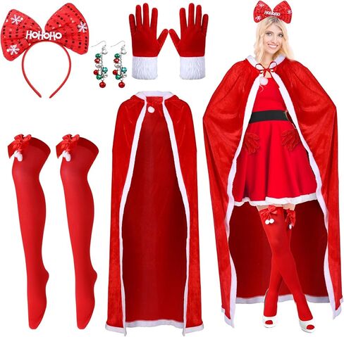 Chuarry 5 قطع رأس عيد الميلاد للنساء زي سانتا كلوز عباءة حمراء مع غطاء للرأس قفازات شال مخملية للكريسماس وعصابة رأس وجوارب in Kuwait