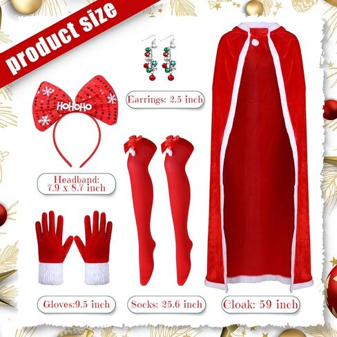 Chuarry 5 قطع رأس عيد الميلاد للنساء زي سانتا كلوز عباءة حمراء مع غطاء للرأس قفازات شال مخملية للكريسماس وعصابة رأس وجوارب in Kuwait