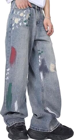 Men's Baggy Jeans Y2K Vintage 90's Hip Hop Ripped Aesthetic Style Denim Pants Straight Leg Pants Streetwear in Kuwait