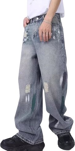 Men's Baggy Jeans Y2K Vintage 90's Hip Hop Ripped Aesthetic Style Denim Pants Straight Leg Pants Streetwear in Kuwait