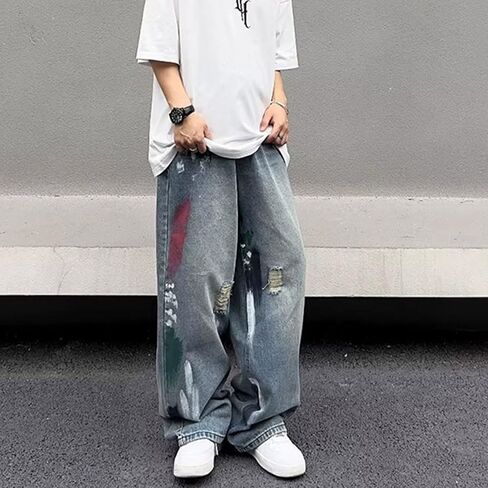 Men's Baggy Jeans Y2K Vintage 90's Hip Hop Ripped Aesthetic Style Denim Pants Straight Leg Pants Streetwear in Kuwait