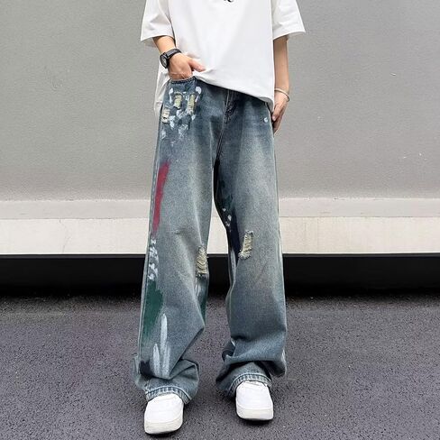 Men's Baggy Jeans Y2K Vintage 90's Hip Hop Ripped Aesthetic Style Denim Pants Straight Leg Pants Streetwear in Kuwait