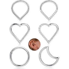 Besteel 6 Pcs Daith Piercing Jewelry Gold Hypoallergenic Cartilage Nose Conch Tragus Helix Hoop Piercing Jewelry Surgical Steel CZ Moon Heart Teardrop Seamless Hinged Clicker Septum Rings 16G