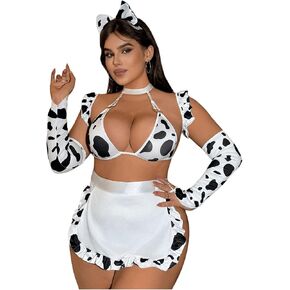 WDIRARA Women's Plus Size 7 Piece Cow Cosplay Lingerie Set Costume Maid Lingerie Outfits