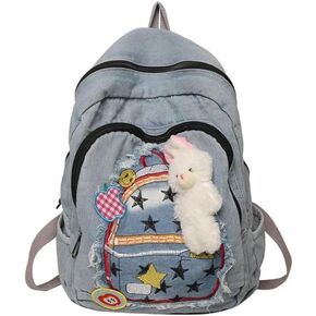Y2K Backpack for Women Star Aesthetic Cute Bookbag Denim Preppy Backpacks Grunge Casual Travel Daypack Backpacks.(Blue1)