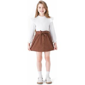 PATPAT Girl Skirt Set Fall Dresses for Girls Ruffle Trim Long Sleeve Sweater Top and Plaid Skirt Outfit 5-14 Years