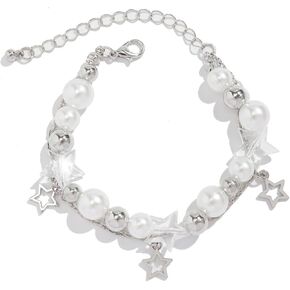 1/2Pcs Set Y2K Star Pearl Heart Crystal Chain Adjustable Aesthetic Bracelet Grunge Gift for Women Jewelry Gifts Punk Gothic Link Dainty Bracelet Resin Transparent Star Ribbon