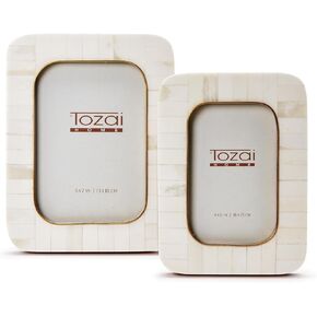 Two's Company La Reserve Set of 2 Mosaic Round Edge Photo Frame with Brass Accent, Includes 2 Sizes, 4x6 and 5x7 Inches, MDF, Home Decor Accessories, White