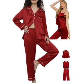 Womens 3Pcs Silk Satin Pajamas Long Set Sexy Cami Top Pajama Sleepwear Silky Pj Sets Loungewear Pjs XS-4XL
