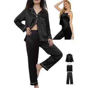 Womens 3Pcs Silk Satin Pajamas Long Set Sexy Cami Top Pajama Sleepwear Silky Pj Sets Loungewear Pjs XS-4XL