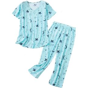 American Trends Womens Pajama Sets Two Piece Sleep Shirt Short Sleeve Cartoon Print Pj Set Tops with Capri Pants Sleepwear
