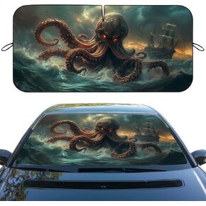 Vintage Scary Octopus Car Windshield Sun Shade Nautical Pirate Heatshield Front Window Car Sun ​Shade Windshield Blocks UV Rays Sun Visor Protector for Car Sedan Truck SUV Accessories 59" L x 31.5" W