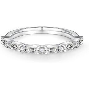MOOSEA 1.7MM Baguette and Round Moissanite Wedding Band for Women, D Color VVS1 Clarity Lab Created Rings 14K White Yellow Rose Gold Vermeil Bar Setting Moissanite Half Eternity Ring for Her