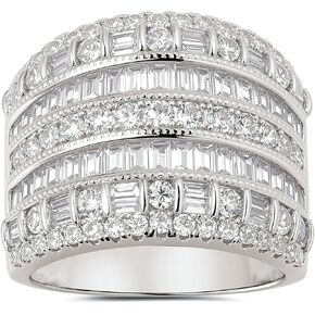 Wide Wedding Bands for Women Baguette and Round AAAAA Cubic Zirconia 18K White Gold Plated Statement Ring for Women Multi-Row Ring Stackable Fashion Cocktail Rings Size 5-10