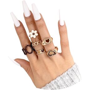 Rrdaily Boho Gold Stackable Knuckle Ring Set for Women Teen Girls Chunky Y2k Geometric Heart Flower Rings Joint Finger Stacking Nail Rings Jewelry Gift