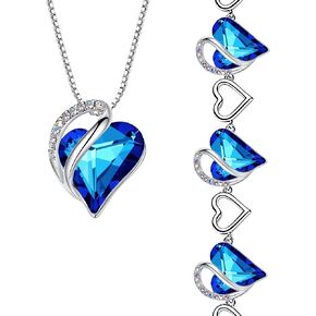 Leafael Infinity Love Heart Necklace and Bracelet for Women, September Birthstone Crystal Jewelry, Silver Tone Bundle Gifts for Women, Rainbow Sapphire Blue