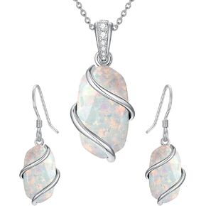 Opal Necklace and Earrings 925 Sterling Silver October Birthstone Jewelry Set Anniversary Birthday Christmas Gifts for Women Her Mom