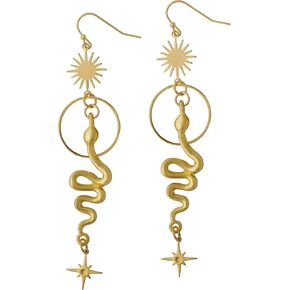 Sacina Gothic Sun Star Snake Earrings, Gold-tone Plated Brass Snake Sun Star Pendant, Celestial Earrings, Goth Halloween Christmas New Year Jewelry Gift for Women
