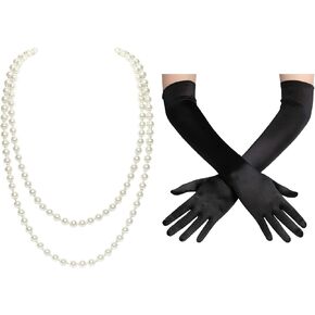 BABEYOND Long Pearl Necklace Faux Pearls Necklace Set Beaded Long Pearls Necklace 1920s Gatsby Costume Jewelry with Satin Tea Party Gloves