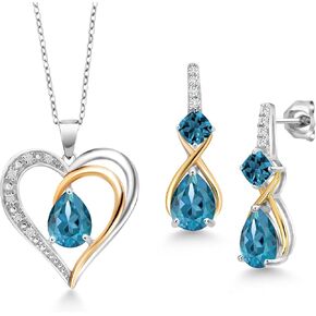 Gem Stone King 925 Sterling Silver and 10K Yellow Gold London Blue Topaz and White Lab Grown Diamond Pendant Necklace Earrings Set For Women (5.03 Cttw, with 18 Inch Chain)