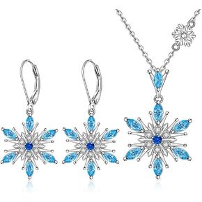 Snowflake Earrings Necklace for Women 925 Sterling Silver Christmas Snowflake Leverback Christmas Gifts