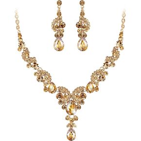 EVER FAITH Rhinestone Crystal Bridal Floral Wave Teardrop Necklace Earrings Set