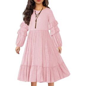 MITILLY Girls Boho Long Sleeve Dress Crewneck Ruffle Swing Casual Loose Flowy Tiered Midi Fall Winter Dress with Pockets