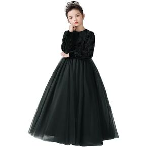 dideyttawl Girls Velvet Maxi Dress Long Sleeves Elegant Formal Dress Round Neckline Velvet Tulle Flower Girl Dress 4-16 Years