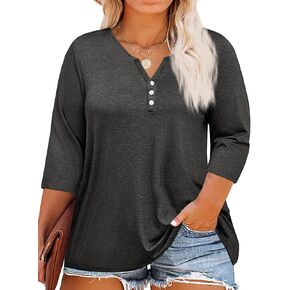 Beautife Womens Plus Size T-Shirts V Neck 3/4 Sleeve Tops Fall Henley Shirts Casual Basic Loose Fit Blouses in Kuwait